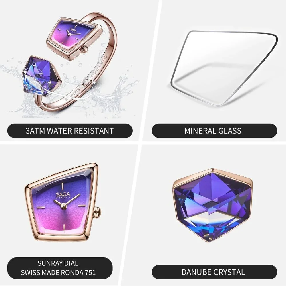 Women's Purple Cuff Bangle Quartz Watch Shaped Mineral Case Stainless Steel